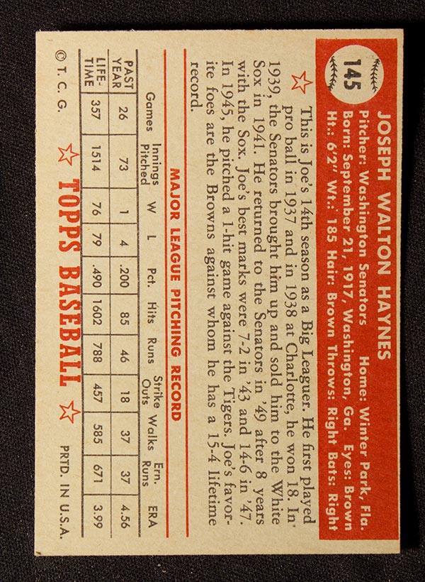 1952 Topps #145 Joe Haynes Washington Senators - Cream Back