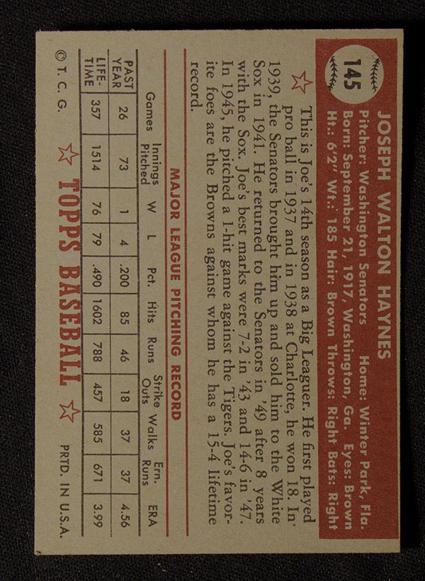 1952 Topps #145 Joe Haynes Washington Senators - Gray Back