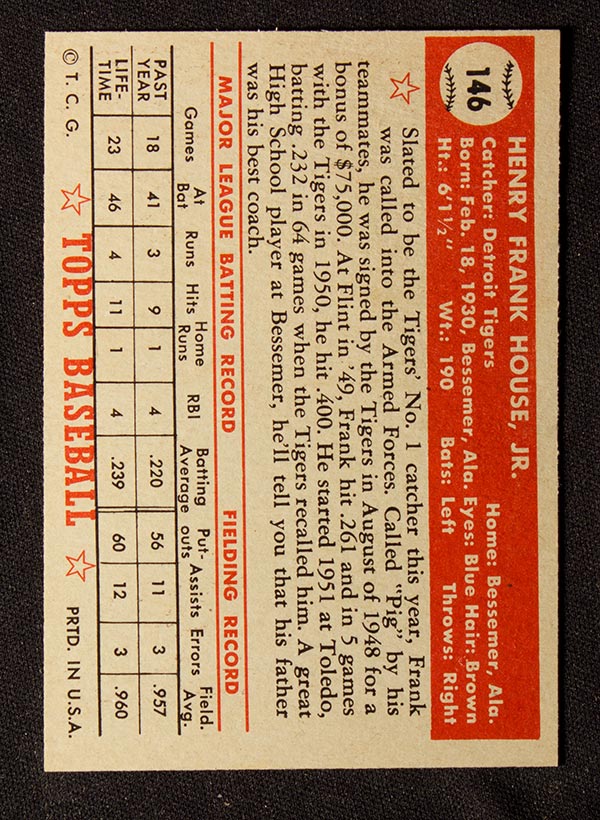 1952 Topps #146 Frank House Detroit Tigers - Cream Back