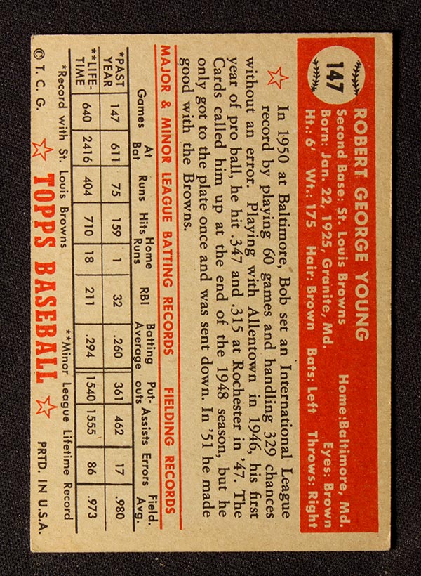 1952 Topps #147 Bob Young St. Louis Browns - Cream Back