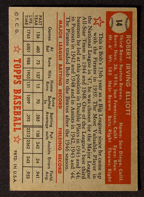 1952 Topps #14 Bob Elliott Boston Braves - Red Back