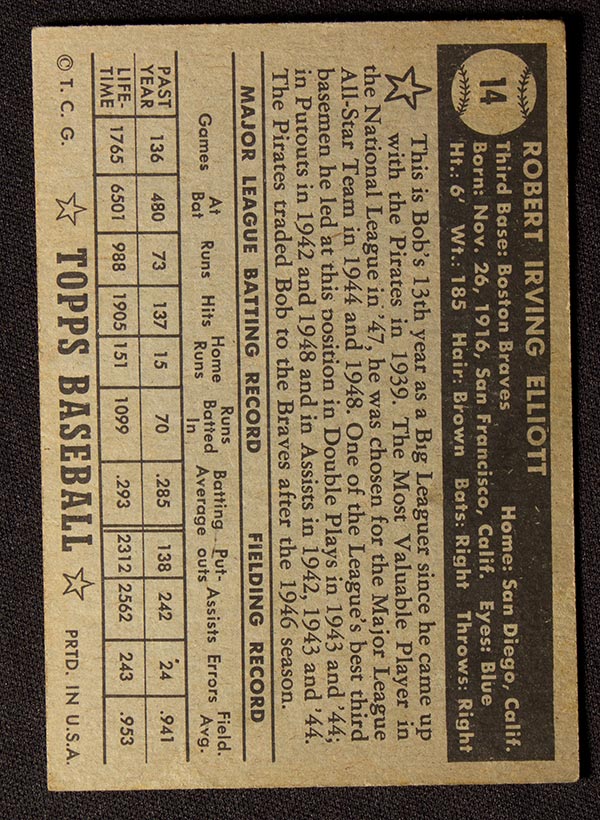 1952 Topps #14 Bob Elliott Boston Braves - Black Back