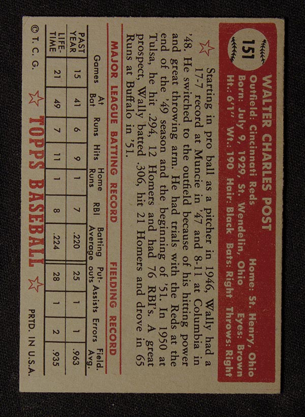 1952 Topps #151 Wally Post Cincinnati Reds - Gray Back