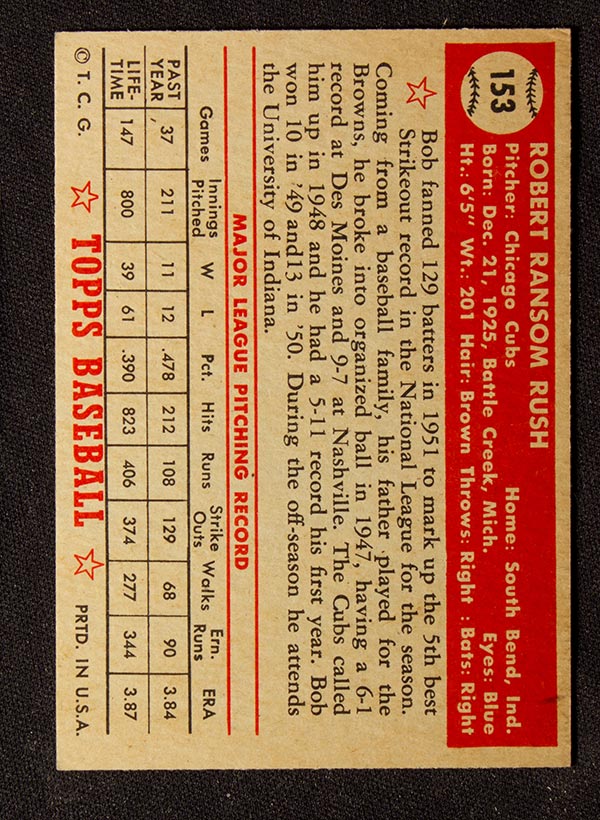 1952 Topps #153 Bob Rush Chicago Cubs - Cream Back