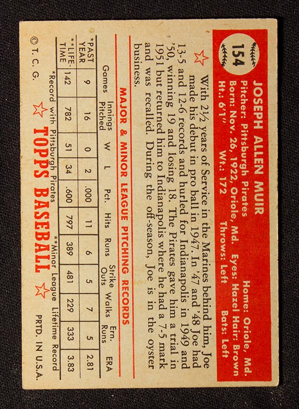 1952 Topps #154 Joe Muir Pittsburgh Pirates - Cream Back