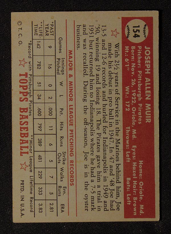 1952 Topps #154 Joe Muir Pittsburgh Pirates - Gray Back