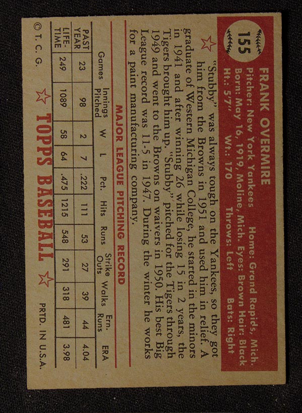 1952 Topps #155 Frank Overmire New York Yankees - Gray Back