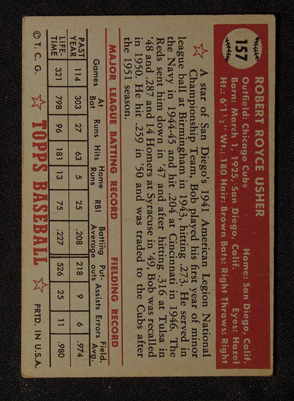 1952 Topps #157 Bob Usher Chicago Cubs - Gray Back