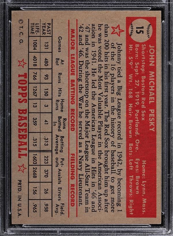1952 Topps #15 Johnny Pesky Boston Red Sox - Red Back