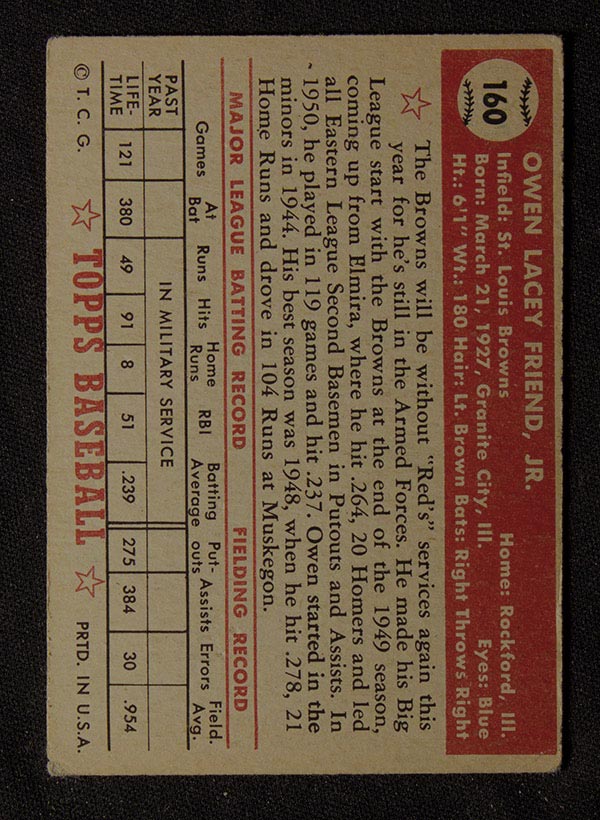 1952 Topps #160 Owen Friend St. Louis Browns - Gray Back