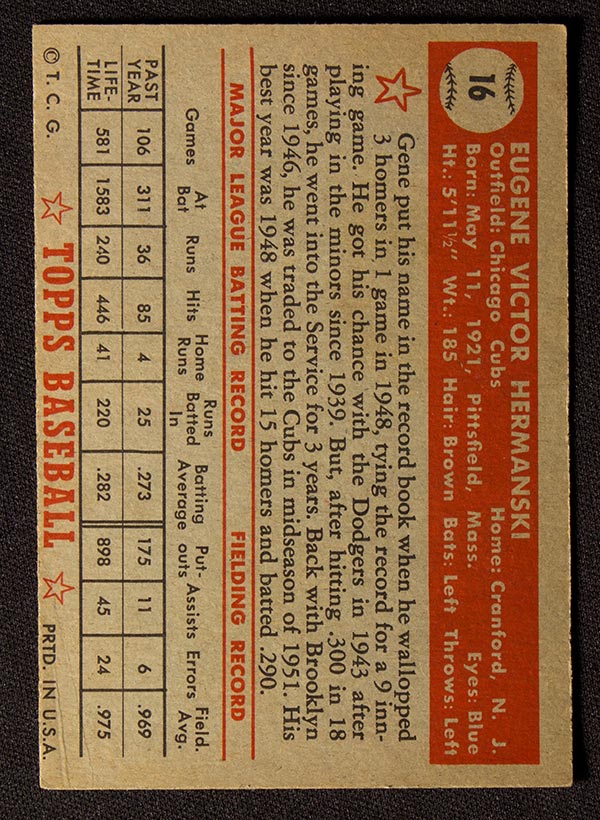 1952 Topps #16 Gene Hermanski Chicago Cubs - Red Back
