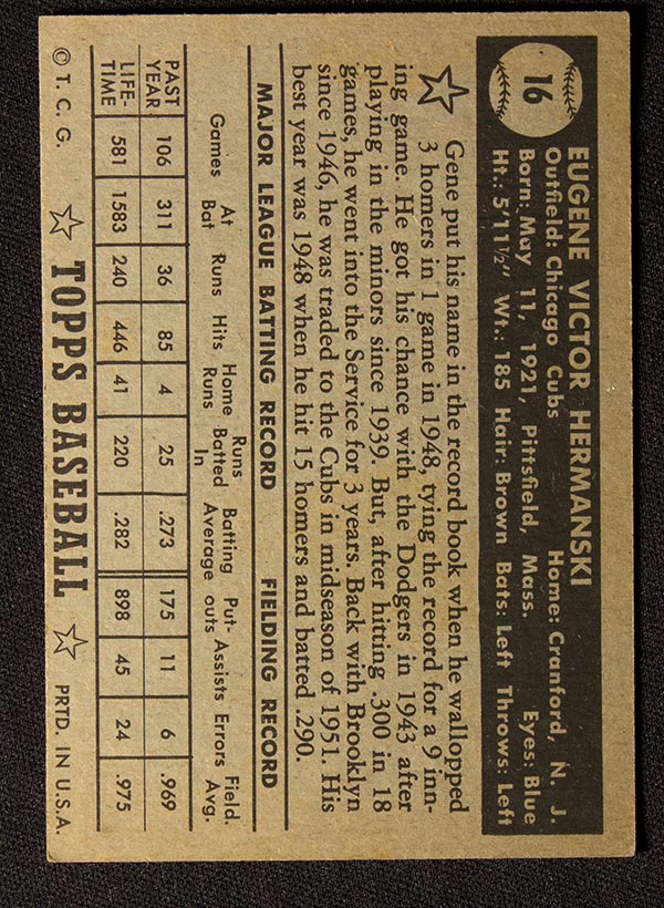 1952 Topps #16 Gene Hermanski Chicago Cubs - Black Back