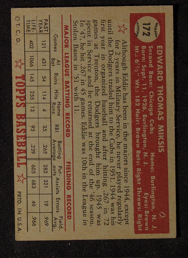 1952 Topps #172 Eddie Miksis Chicago Cubs - Gray Back