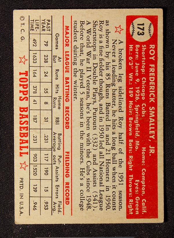 1952 Topps #173 Roy Smalley Chicago Cubs - Cream Back