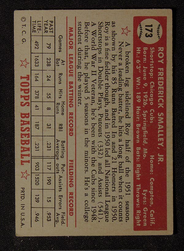 1952 Topps #173 Roy Smalley Chicago Cubs - Gray Back