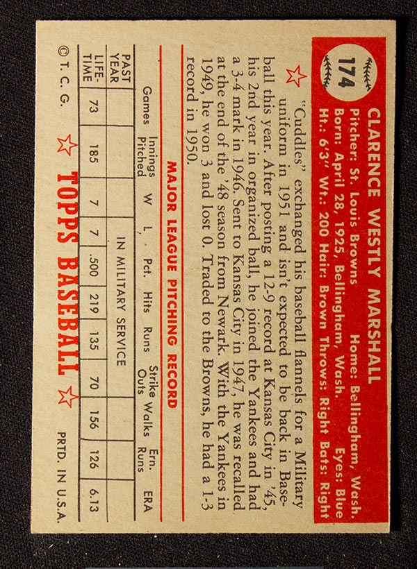 1952 Topps #174 Clarence Marshall St. Louis Browns - Cream Back