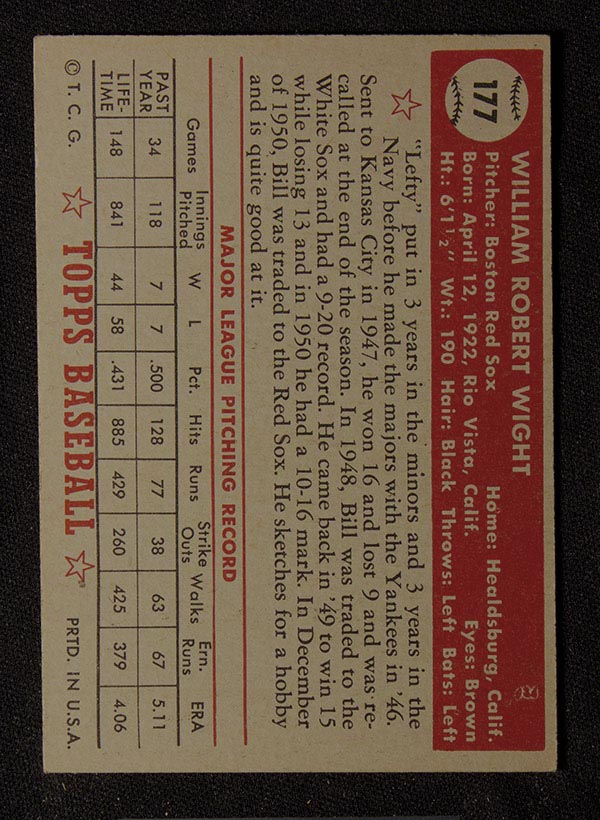 1952 Topps #177 Bill Wight Boston Red Sox - Gray Back