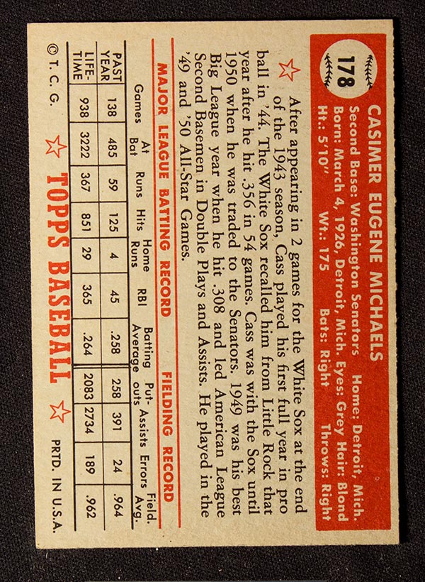 1952 Topps #178 Cass Michaels Washington Senators - Cream Back