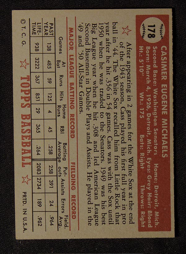 1952 Topps #178 Cass Michaels Washington Senators - Gray Back