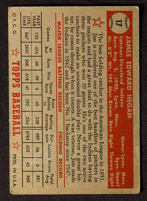 1952 Topps #17 Jim Hegan Cleveland Indians - Red Back