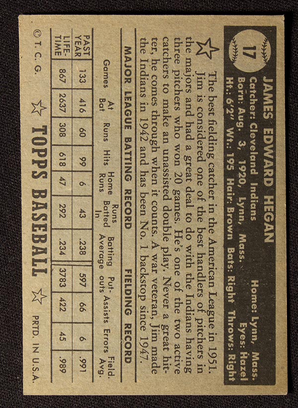 1952 Topps #17 Jim Hegan Cleveland Indians - Black Back