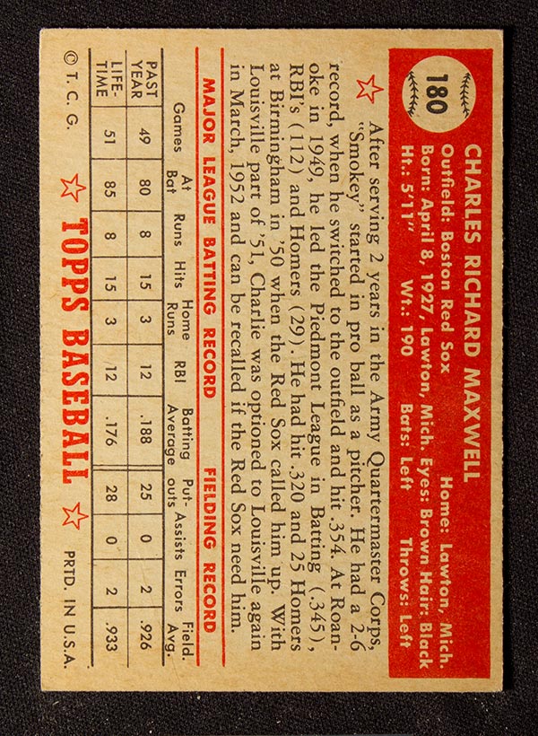 1952 Topps #180 Charley Maxwell Boston Red Sox - Cream Back