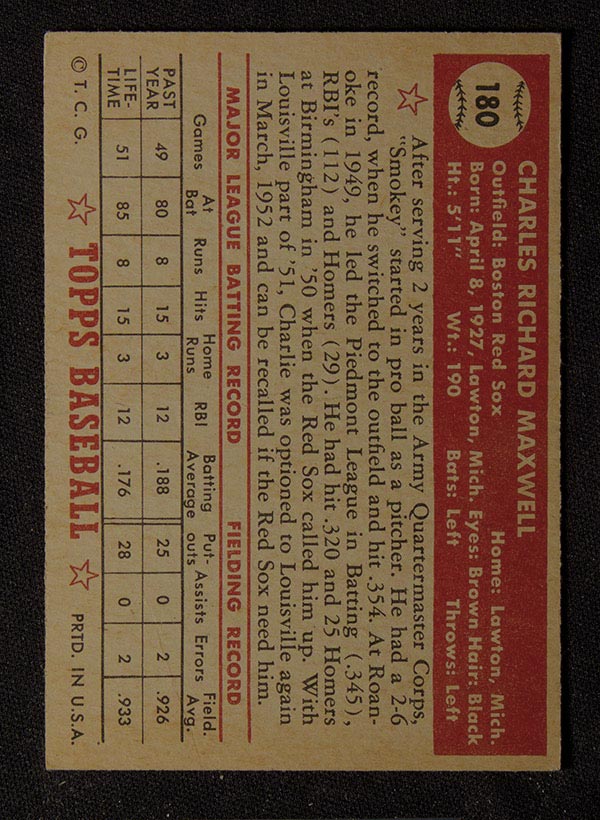 1952 Topps #180 Charley Maxwell Boston Red Sox - Gray Back