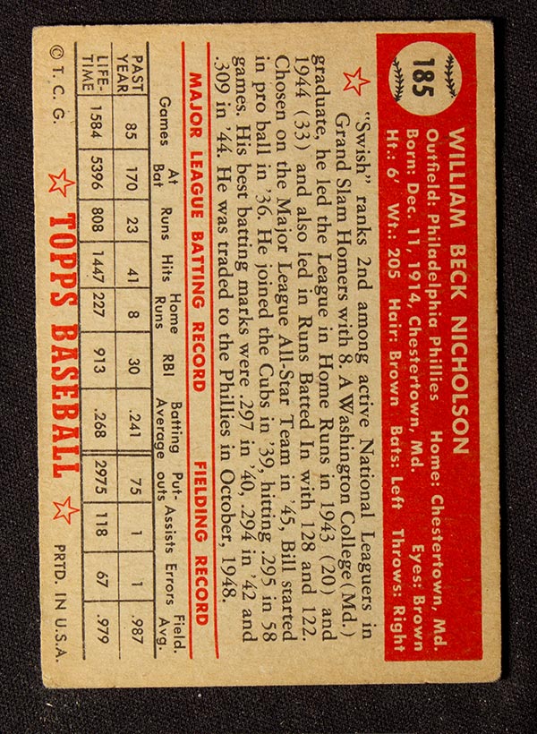 1952 Topps #185 Bill Nicholson Philadelphia Phillies - Cream Back