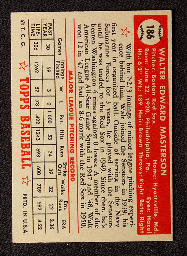 1952 Topps #186 Walt Masterson Boston Red Sox - Cream Back