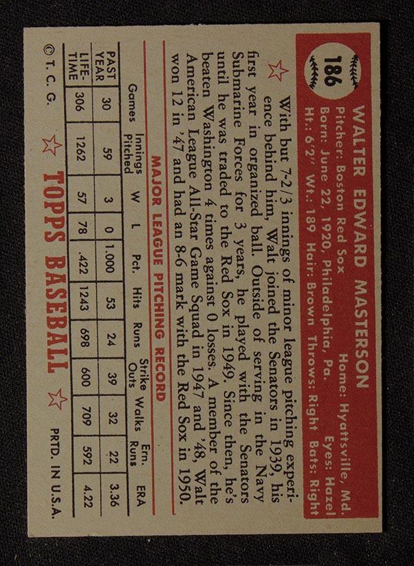 1952 Topps #186 Walt Masterson Boston Red Sox - Gray Back