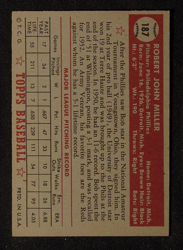 1952 Topps #187 Bob Miller Philadelphia Phillies - Gray Back