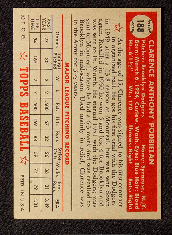 1952 Topps #188 Clarence Podbielan Brooklyn Dodgers - Cream Back