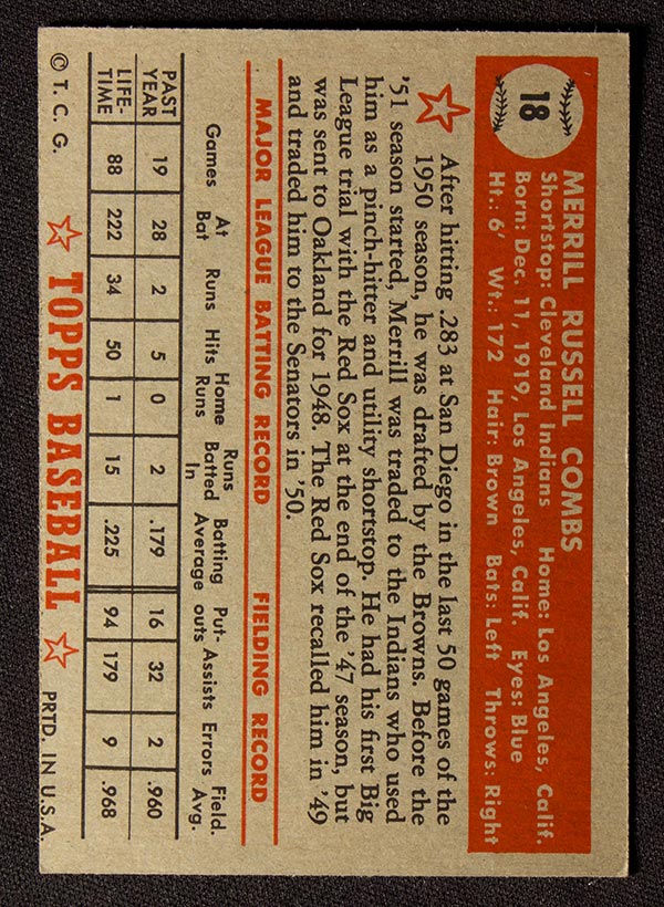 1952 Topps #18 Merrill Combs Cleveland Indians - Red Back
