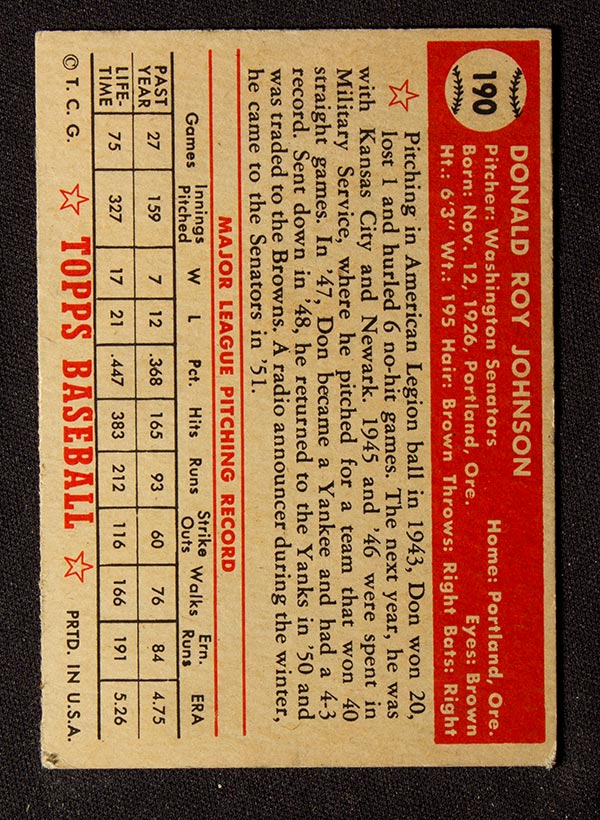 1952 Topps #190 Don Johnson Washington Senators - Cream Back