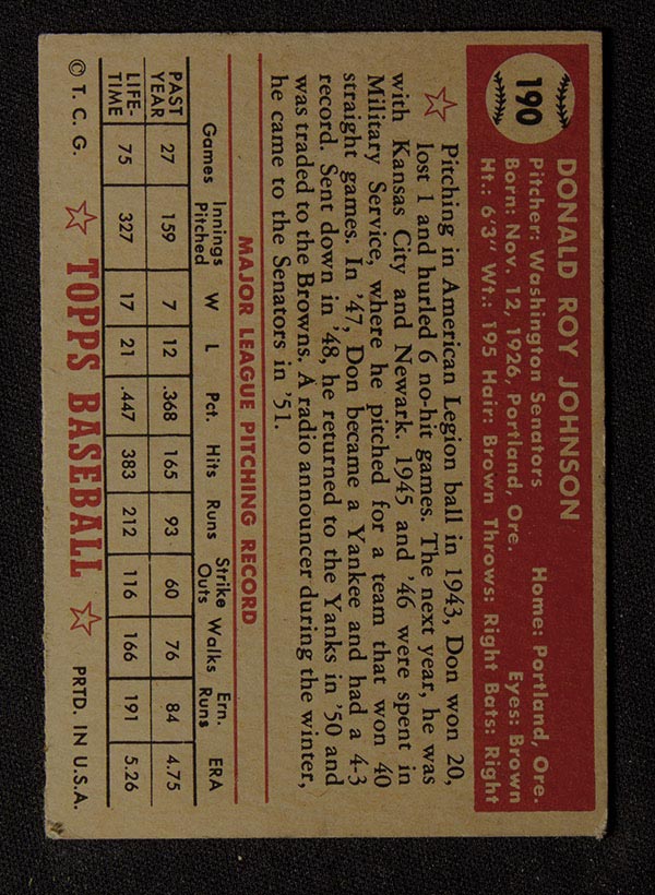 1952 Topps #190 Don Johnson Washington Senators - Gray Back