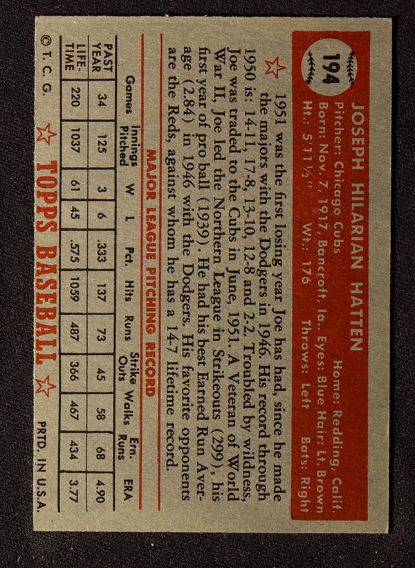 1952 Topps #194 Joe Hatten Chicago Cubs - Back