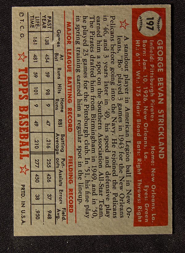 1952 Topps #197 George Strickland Pittsburgh Pirates - Back