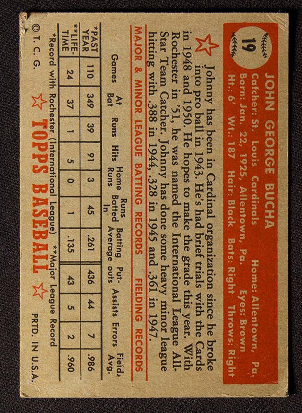 1952 Topps #19 Johnny Bucha St. Louis Cardinals - Red Back