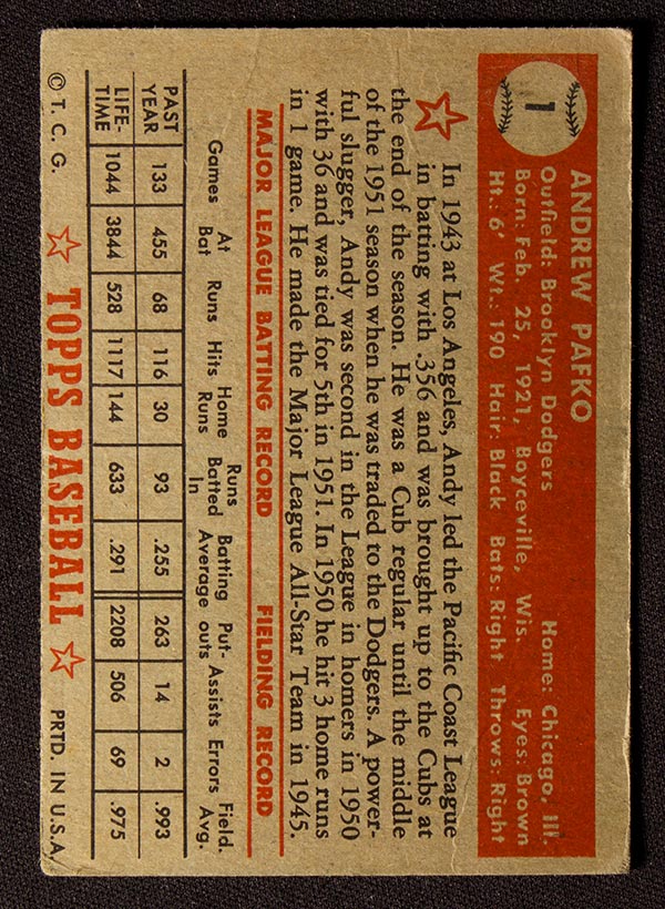 1952 Topps #1 Andy Pafko Brooklyn Dodgers - Red Back