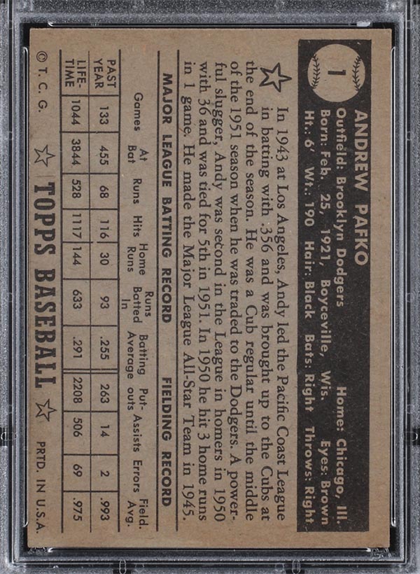 1952 Topps #1 Andy Pafko Brooklyn Dodgers - Black Back
