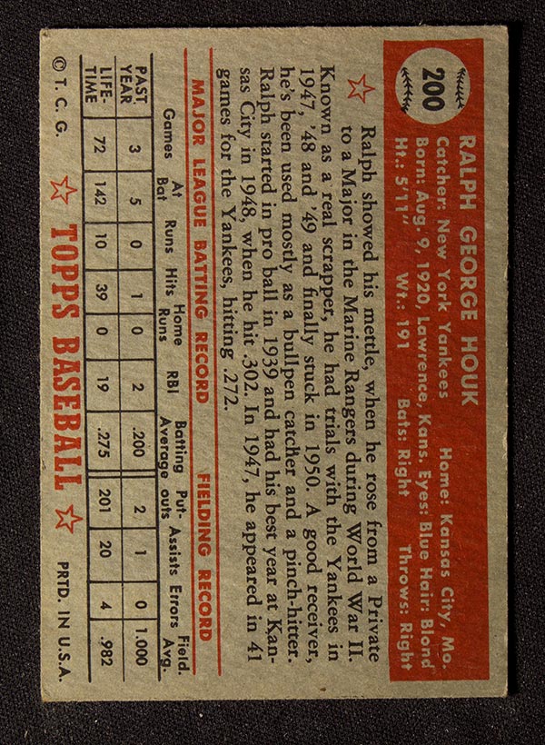 1952 Topps #200 Ralph Houk New York Yankees - Back