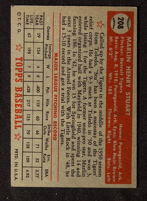 1952 Topps #208 Marlin Stuart Detroit Tigers - Back