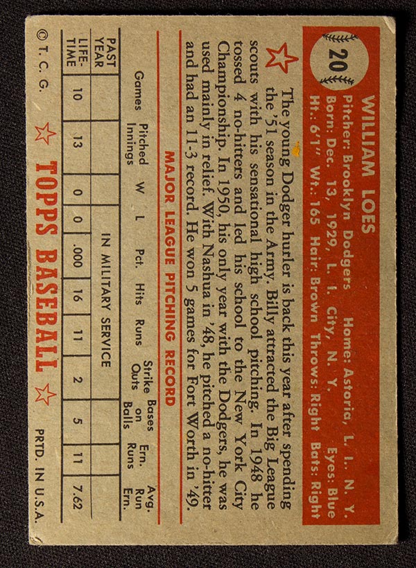1952 Topps #20 Billy Loes Brooklyn Dodgers - Red Back