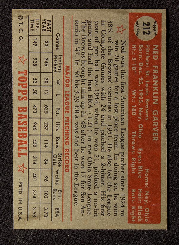 1952 Topps #212 Nad Garver St. Louis Browns - Back