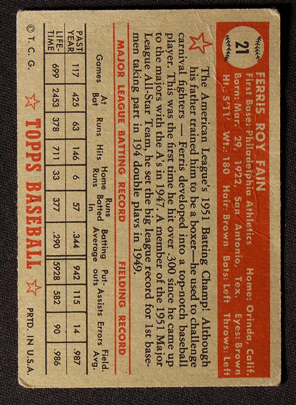 1952 Topps #21 Ferris Fain Philadelphia Athletics - Red Back