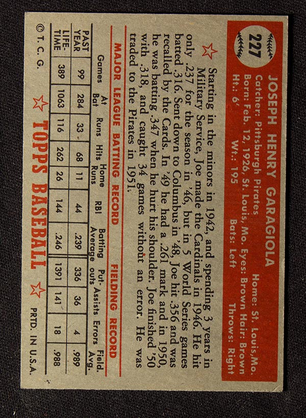 1952 Topps #227 Joe Garagiola Pittsburgh Pirates - Back