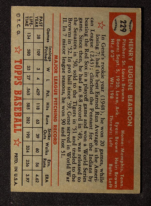 1952 Topps #229 Gene Beardon St. Louis Browns - Back