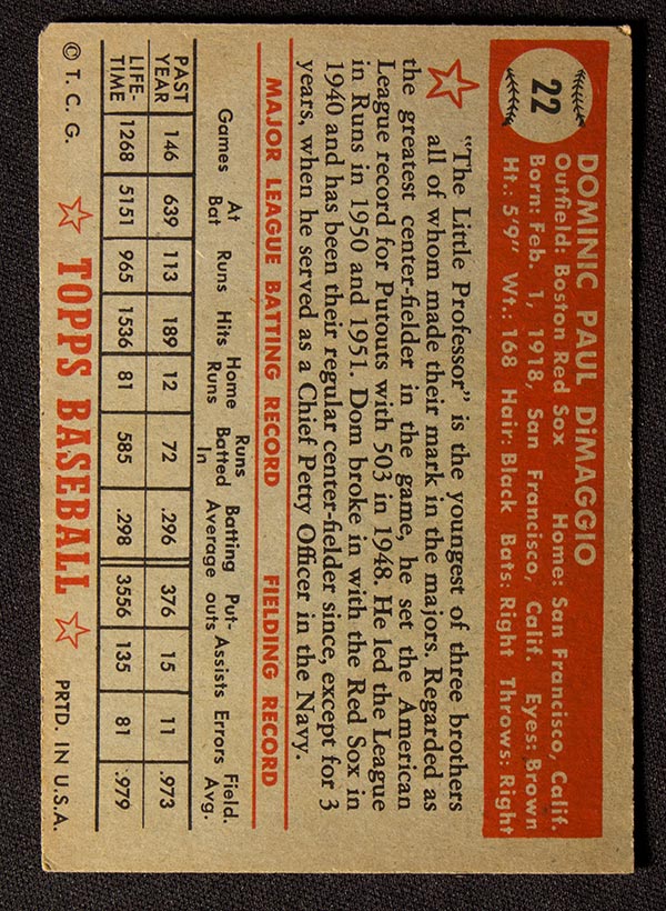 1952 Topps #22 Dom DiMaggio Boston Red Sox - Red Back