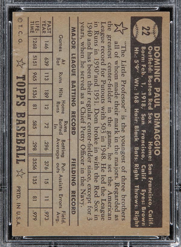 1952 Topps #22 Dom DiMaggio Boston Red Sox - Black Back