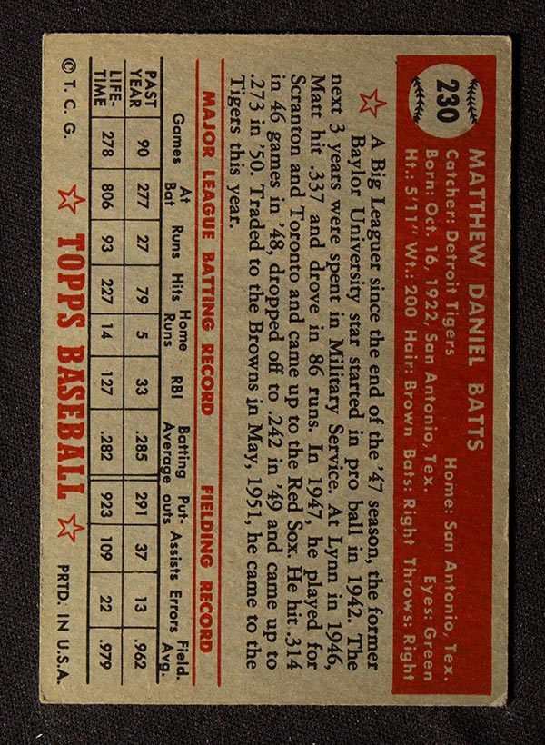 1952 Topps #230 Matt Batts Detroit Tigers - Back